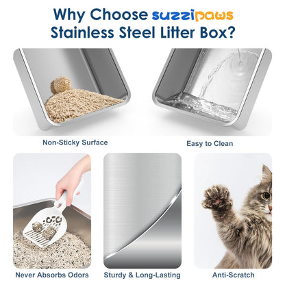 2 Pack 23.6" x 15.7" x 6" Deep & Extra Large Stainless Steel Cat Litter Boxes, High Sides Metal Cat Litter Box for Multi-Cats Big Cats XL Metal Litter Pan Tray, Non-Sticky, Easy Cleaning