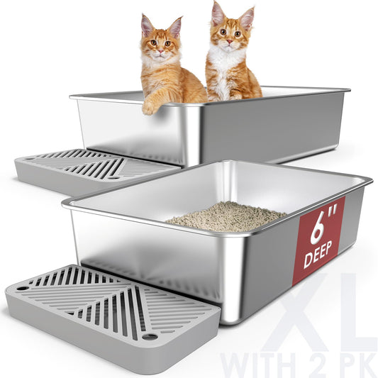 2 Pack 23.6" x 15.7" x 6" Deep & Extra Large Stainless Steel Cat Litter Boxes, High Sides Metal Cat Litter Box for Multi-Cats Big Cats XL Metal Litter Pan Tray, Non-Sticky, Easy Cleaning