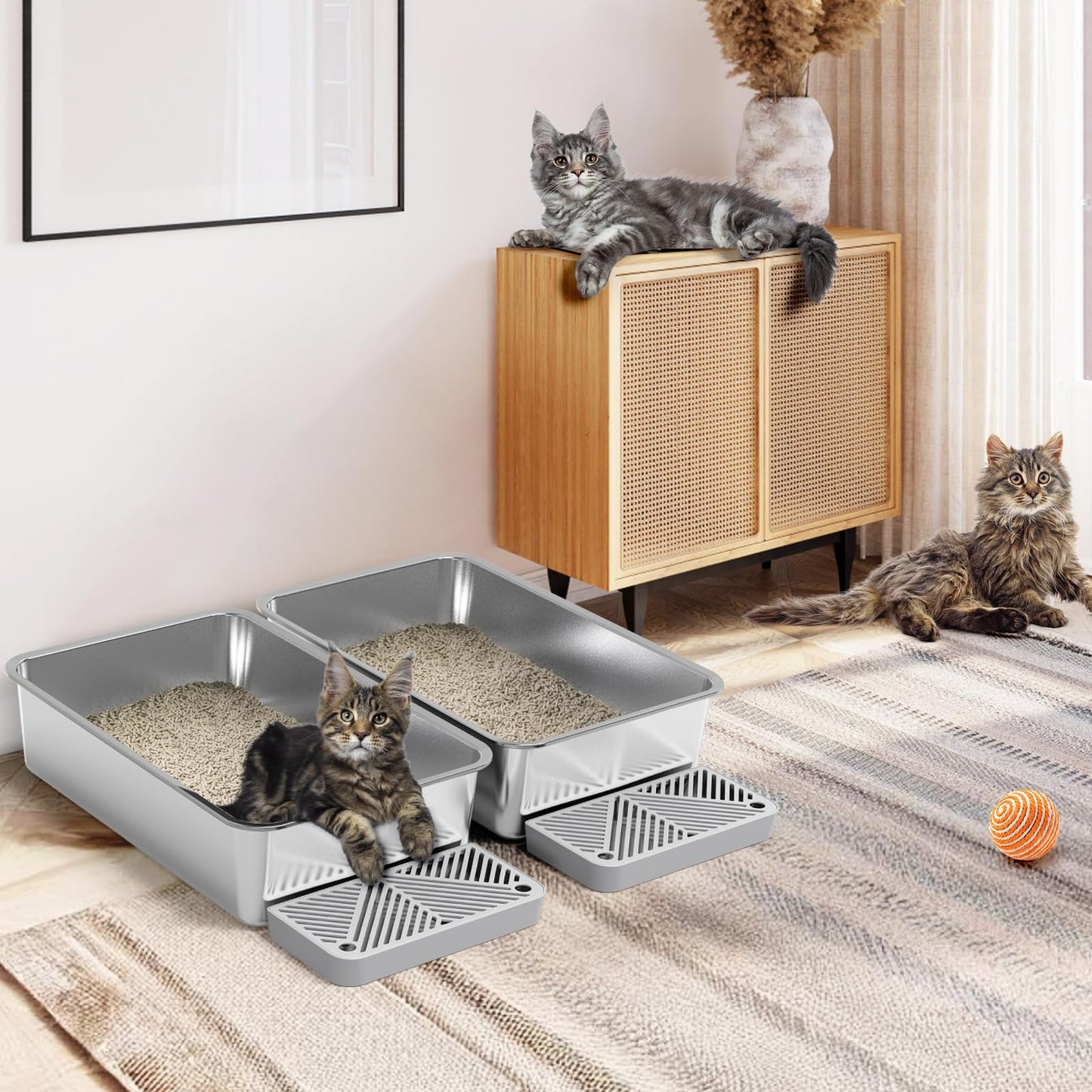 2 Pack 23.6" x 15.7" x 6" Deep & Extra Large Stainless Steel Cat Litter Boxes, High Sides Metal Cat Litter Box for Multi-Cats Big Cats XL Metal Litter Pan Tray, Non-Sticky, Easy Cleaning