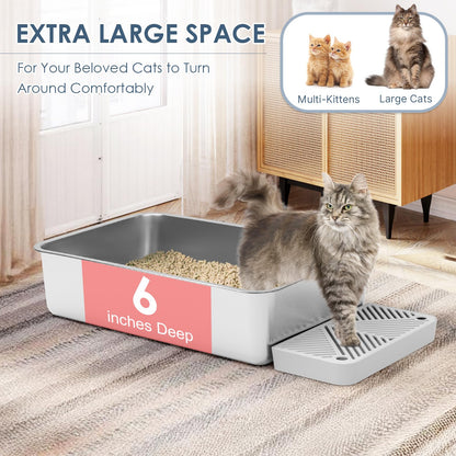 2 Pack 23.6" x 15.7" x 6" Deep & Extra Large Stainless Steel Cat Litter Boxes, High Sides Metal Cat Litter Box for Multi-Cats Big Cats XL Metal Litter Pan Tray, Non-Sticky, Easy Cleaning